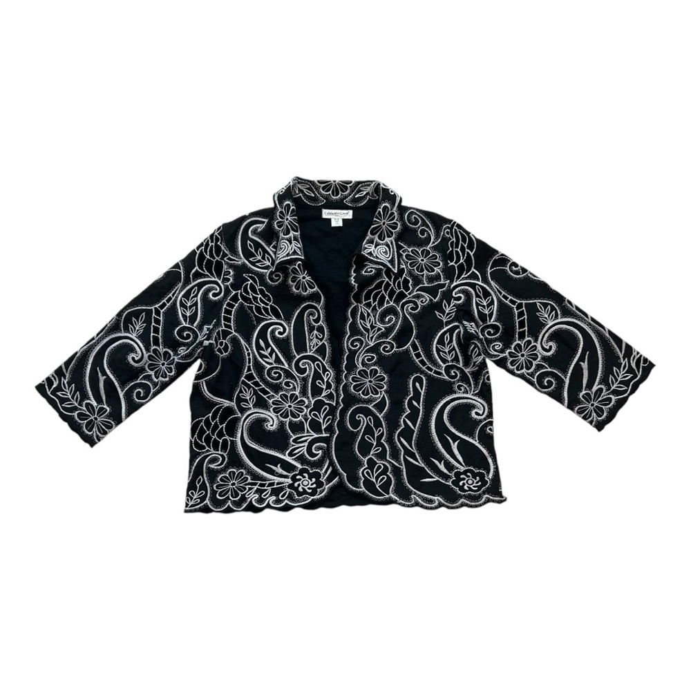 Women’s Coldwater Creek Black and White Embroidered Eyelet Open Blazer! Size 12P